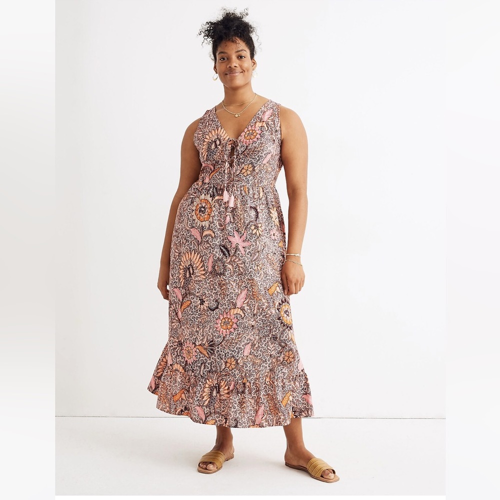 Madewell Lace-Up Ruffle-Hem Midi Dress in Bali Blooms